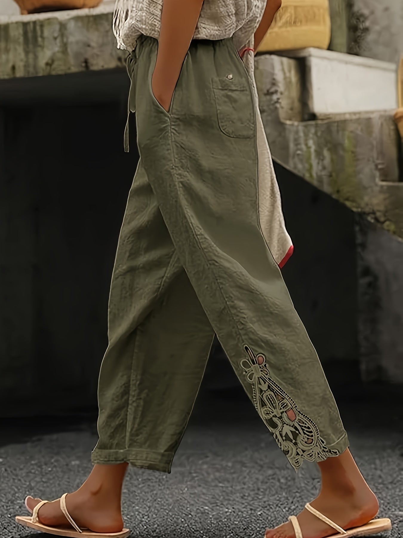 Pantalon droit décontracté en dentelle avec cordon de serrage pour femme