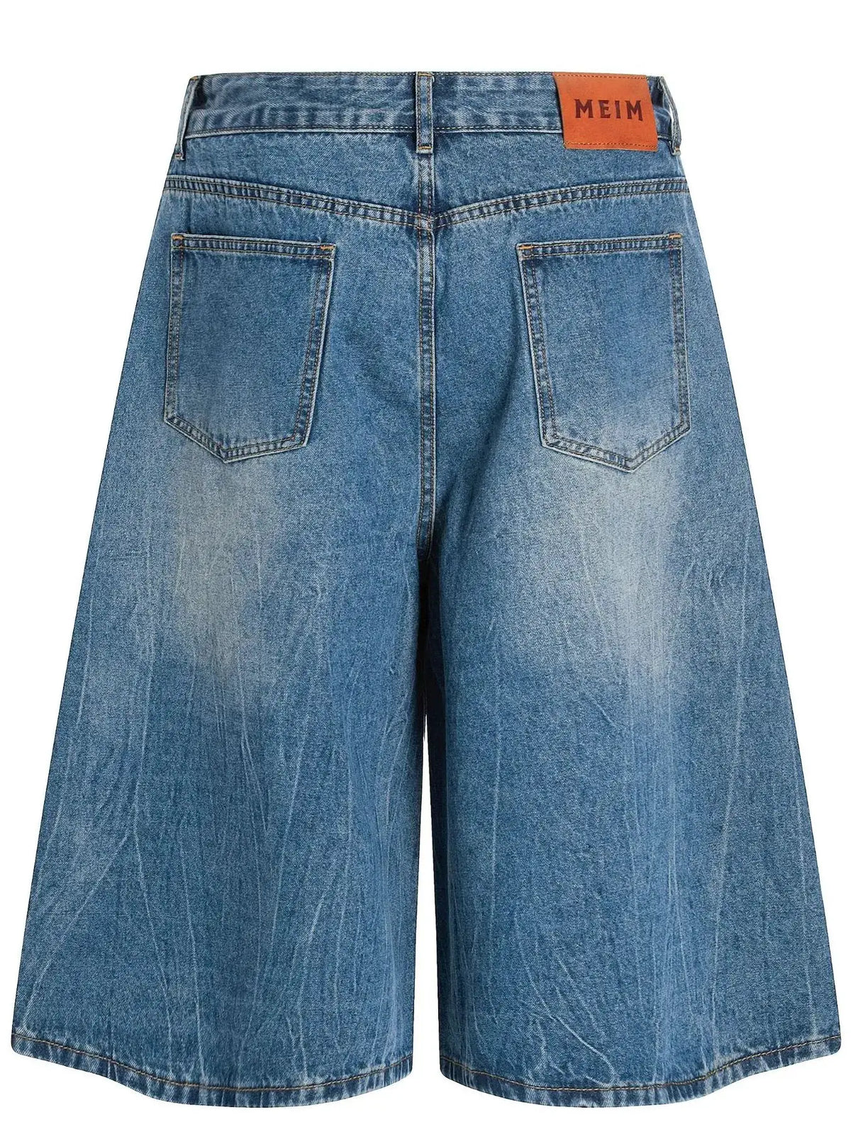 Men's relaxed-fit wide-leg washed cotton denim shorts in blue with back pockets and a Meim patch.