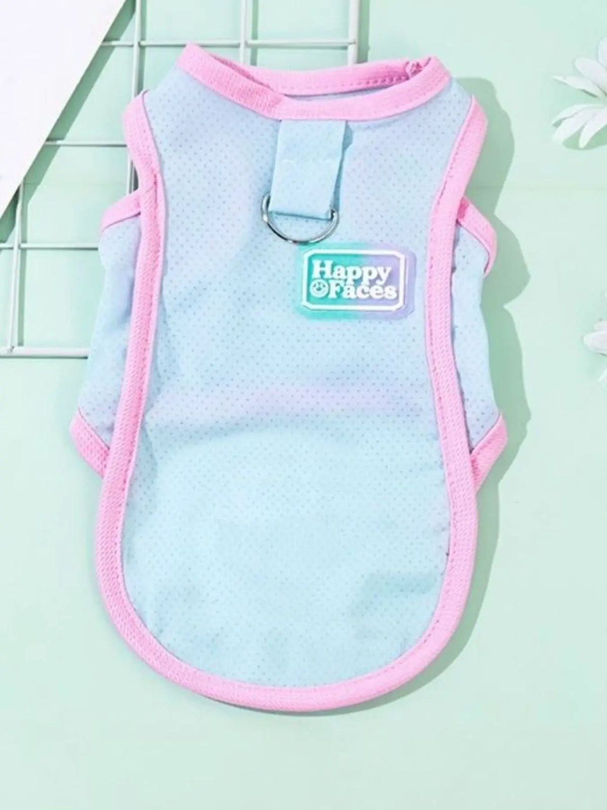 Lightweight pet top vest in blue mesh with pink trim, back D-ring, Happy Faces patch