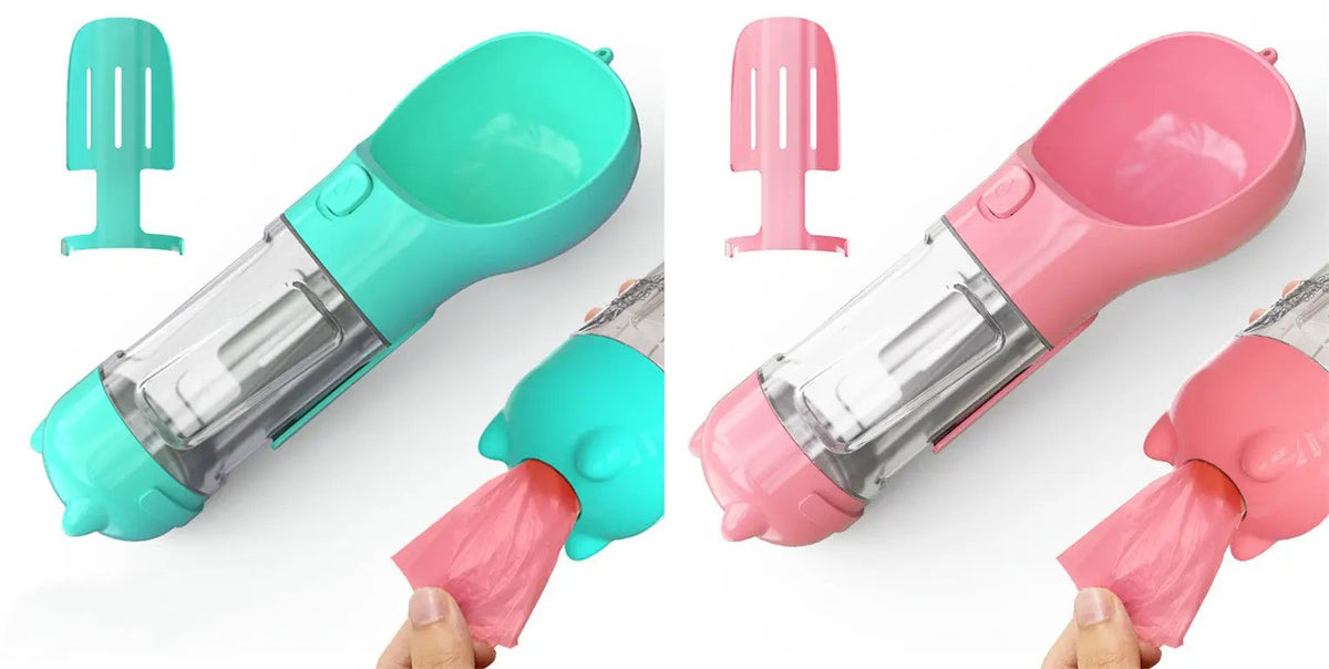 Pet water bottle feeder bowl 3-in-1 with garbage bag storage; AdTec teal and pink (2-pack)