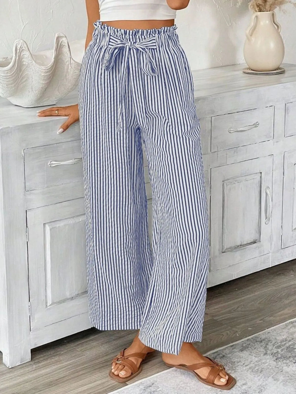 Trendsi Plus Size striped wide-leg paper bag pants with tie waist in blue and white