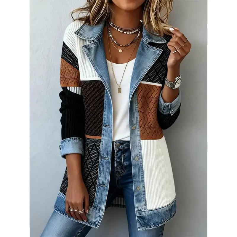 Women's patchwork denim trucker jacket with knit panels; multi-color lightweight outerwear