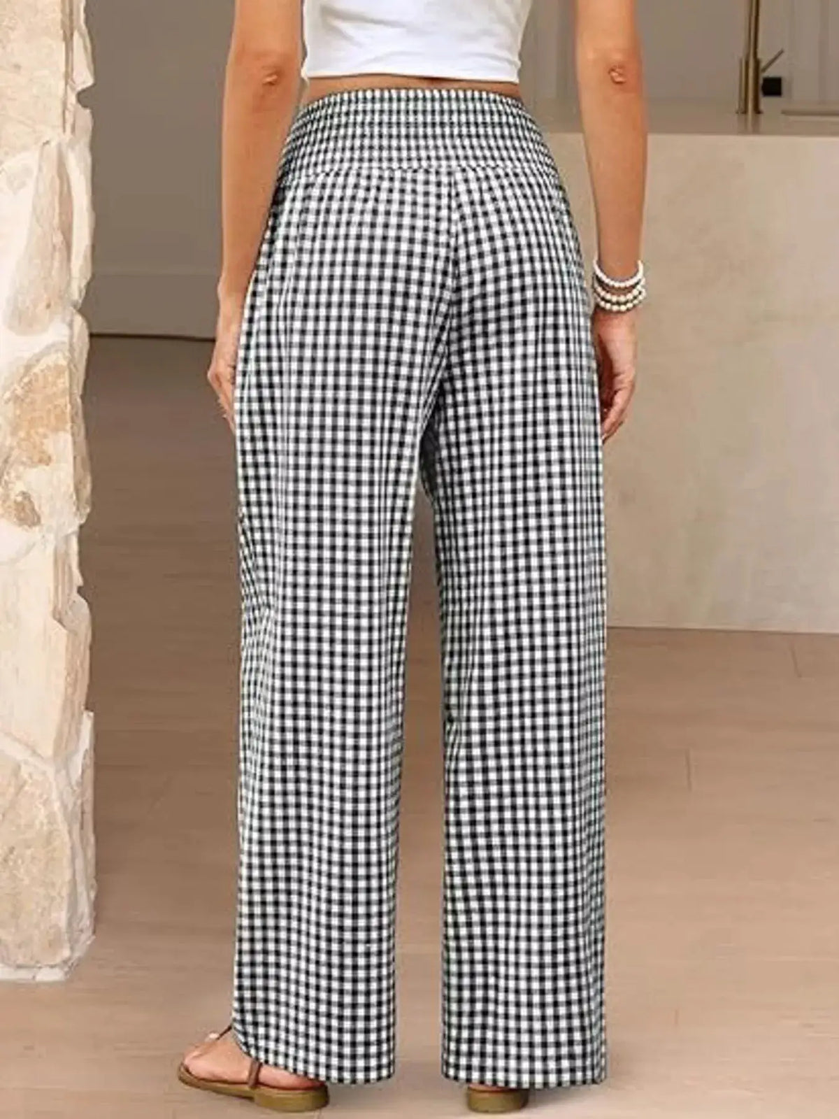 Gingham wide-leg pants by Trendsi, black-and-white check, high-waisted full-length trousers.