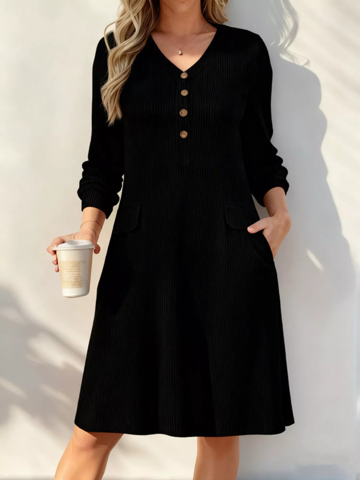 Full Size Ribbed Knit V-Neck Dress Plus Size, black with button-front and pockets