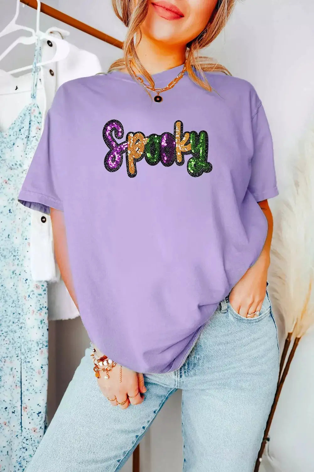 Spooky sequin-letter patched cotton-blend T-shirt in lavender, plus size