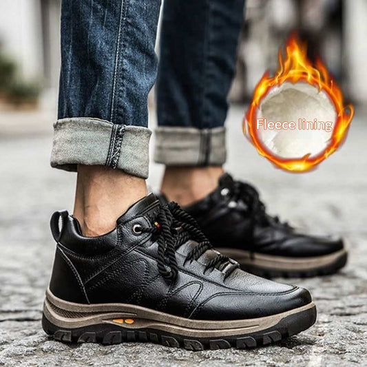Shoes: AdTec men's black leather with fleece lining and soft non-slip sole for winter (pair)