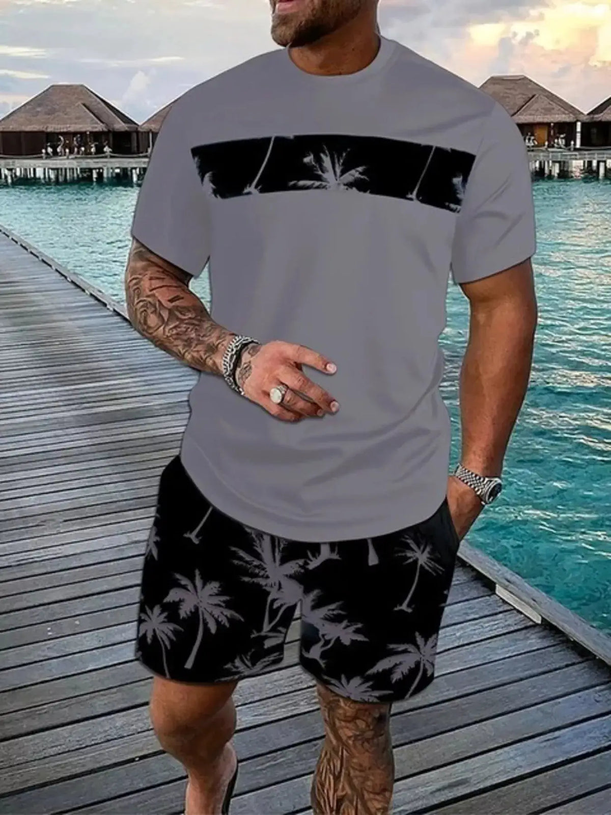 Mens tropical palm tree tee and shorts set by Trendsi, gray tee with black palm band and black palm-print shorts