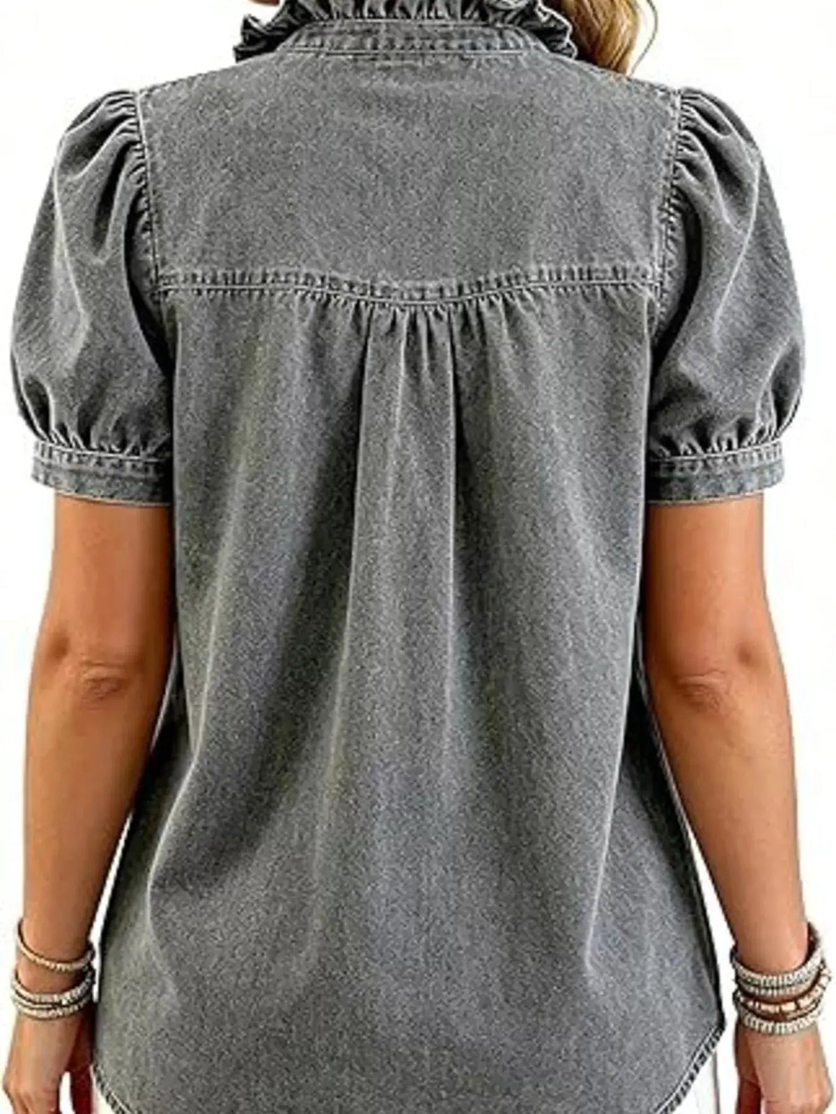 Frill puff-sleeve denim top by Trendsi, washed gray denim with back yoke gathers
