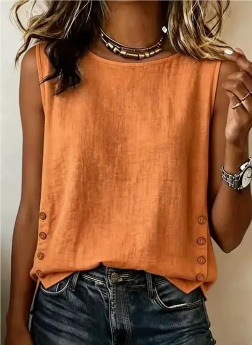 Linen sleeveless top in orange with side button accents