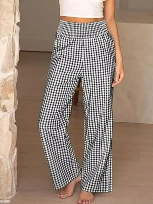 Gingham Wide-Leg Pants by Trendsi, black-and-white check trousers