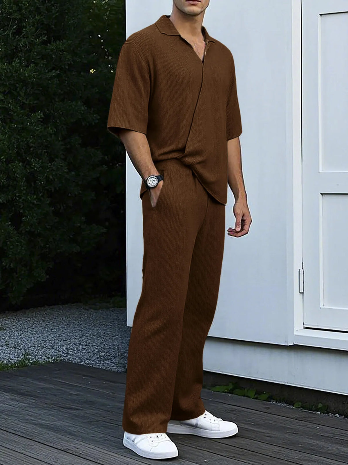 Men's full-size brown knit short-sleeve top and pants 2-piece set with pockets, plus size