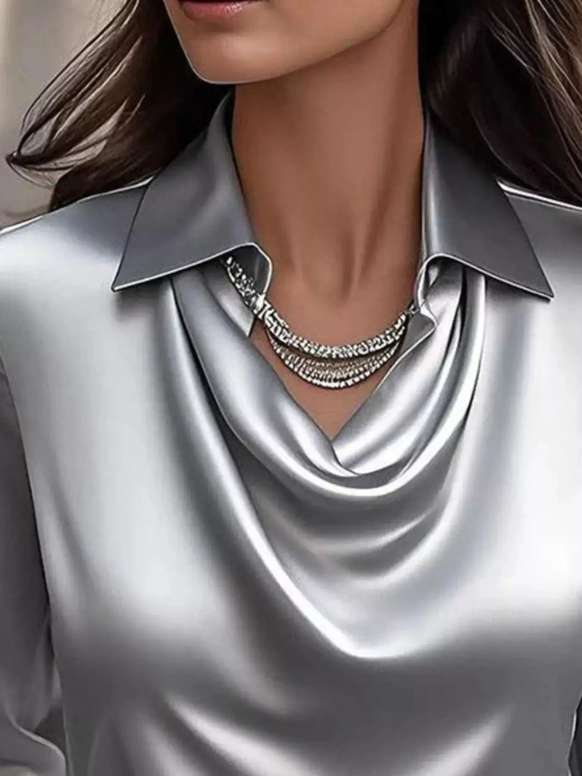 Plus-size satin cowl-neck long-sleeve blouse in silver; glossy satin with draped cowl neckline finish