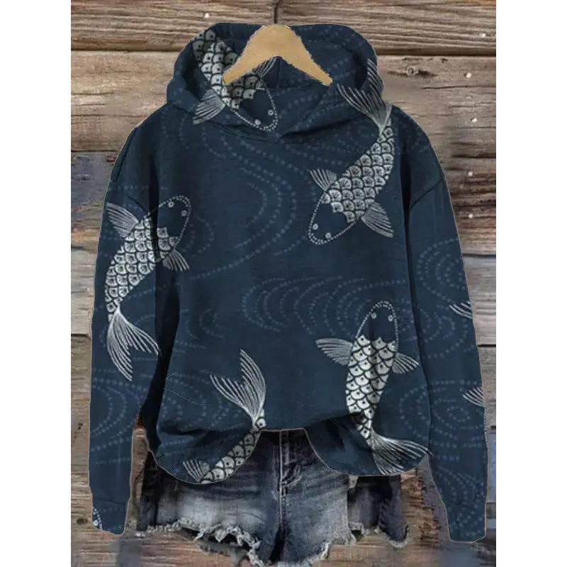 Womens hooded long-sleeve pullover sweatshirt with navy koi fish print