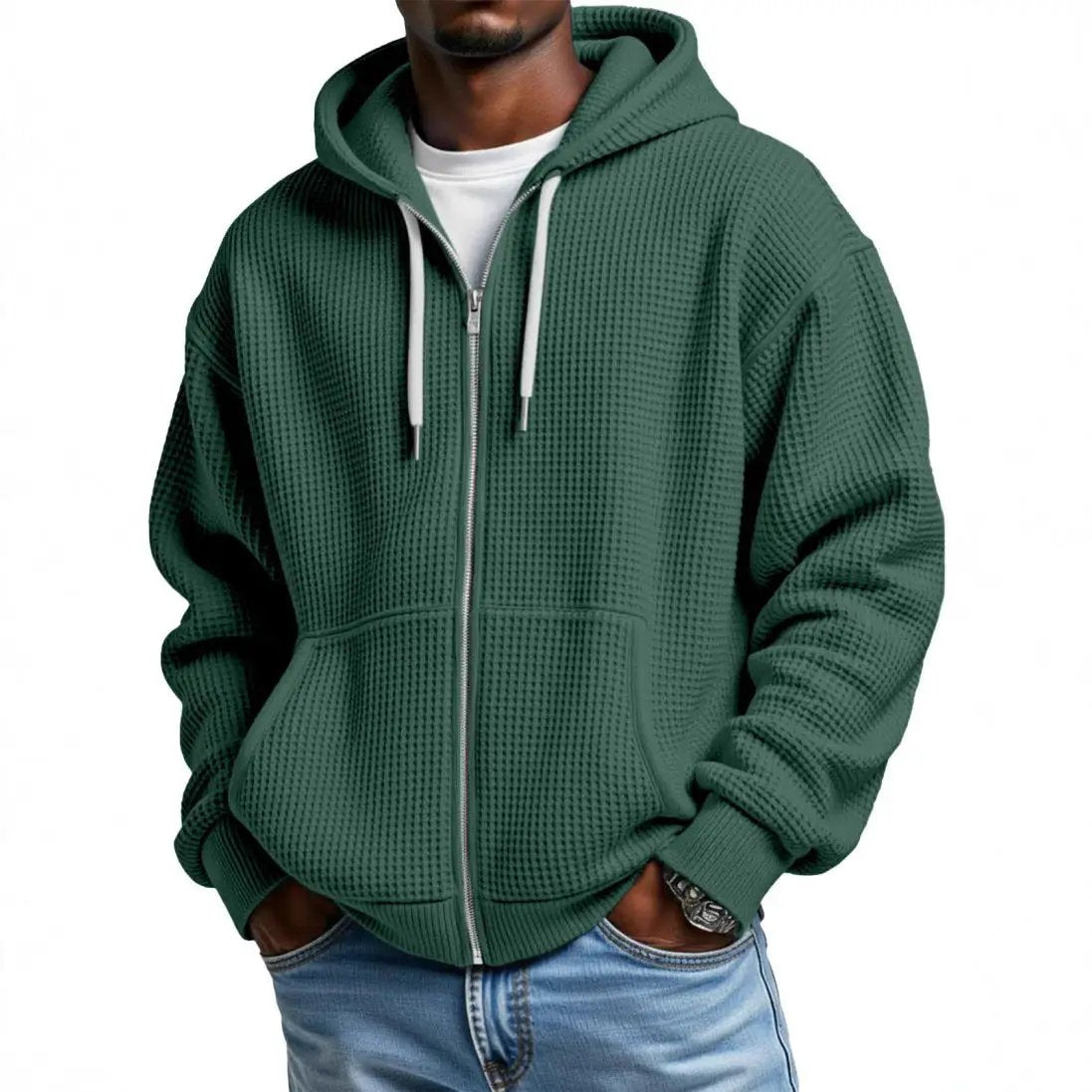 Men's green zip-up hoodie with kangaroo pockets, ribbed cuffs, and white drawstrings