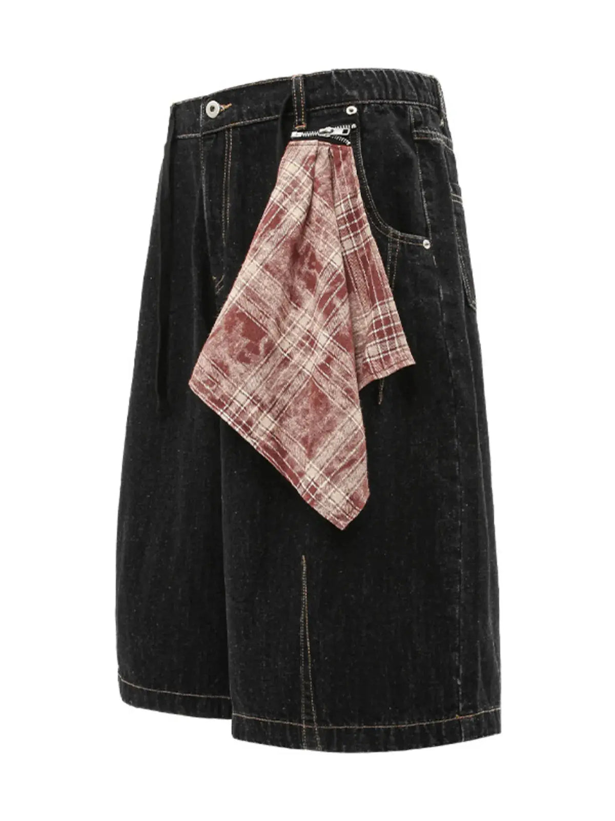 Casual men's wide-leg cotton denim shorts by Trendsi in black with a red plaid scarf tied at the belt loop