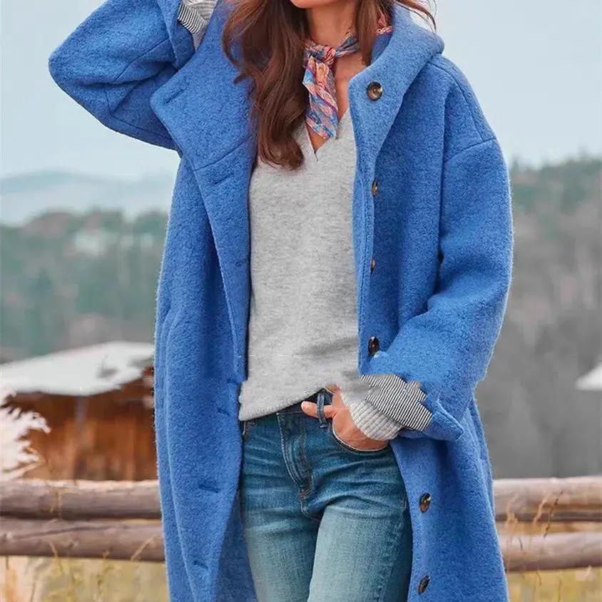 Womens heavy tweed winter coat in blue, long length with rich textured fabric AdTec
