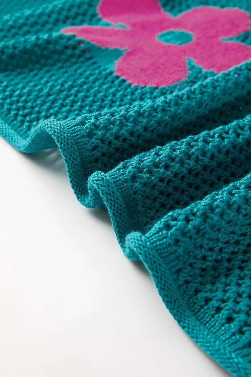 Lightweight openwork floral knit cover-up round-neck top in teal with pink flowers by Trendsi