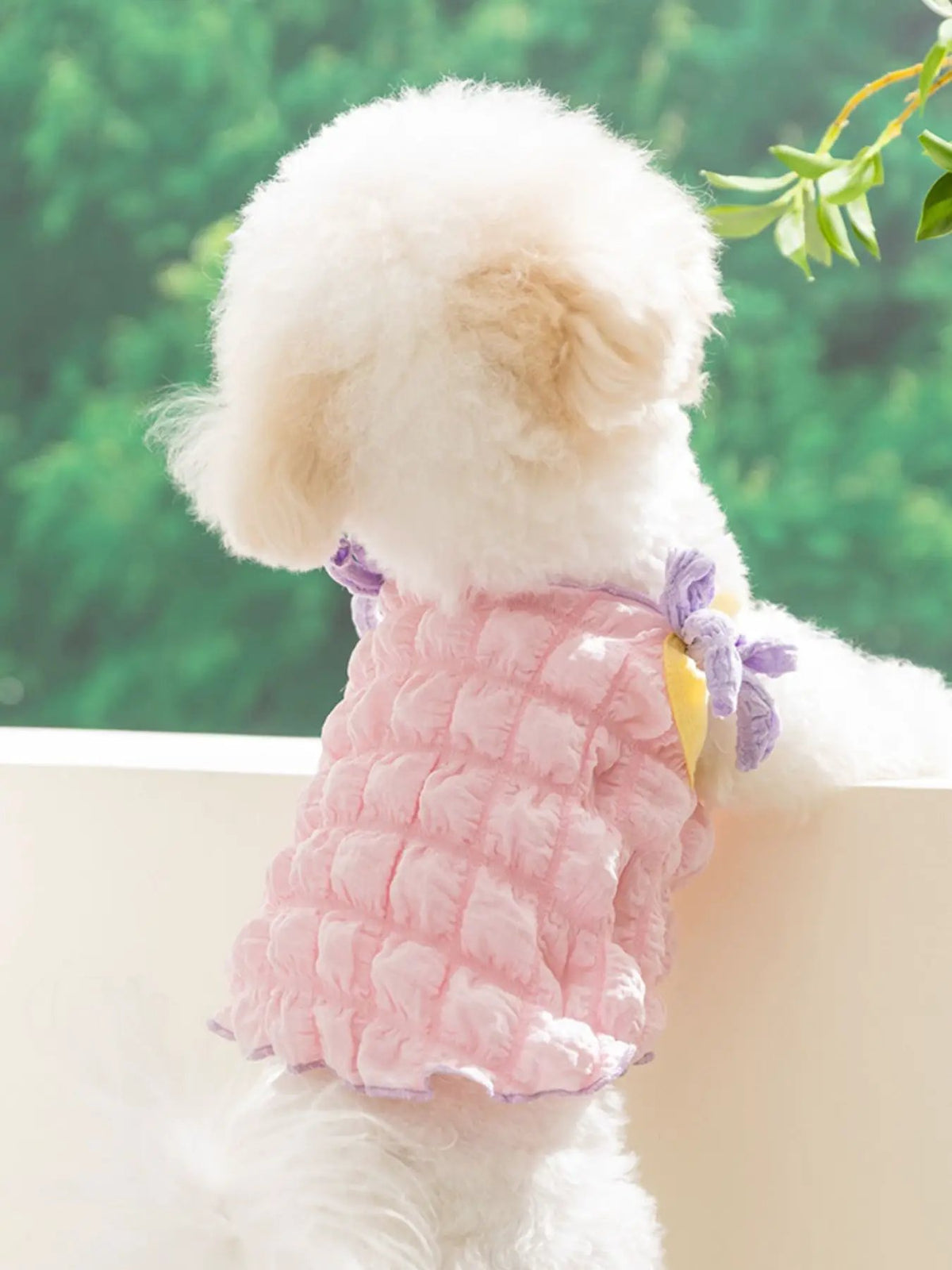 Bubble-textured pink tie-shoulder pet top for dogs, quilted fabric with purple bow ties, by Trendsi