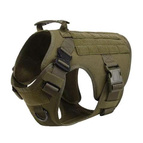 Military tactical dog harness in olive drab nylon with MOLLE webbing, top handle, and adjustable straps