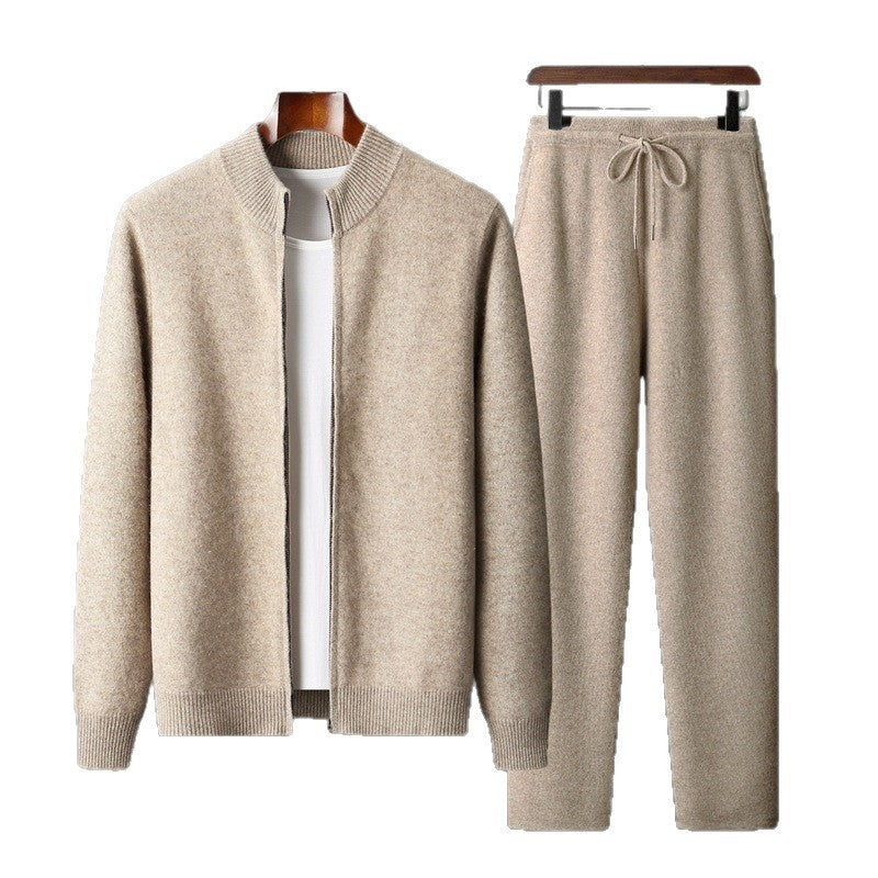 Men's 100% Australian wool stand-collar zip cardigan jacket and matching beige pants set