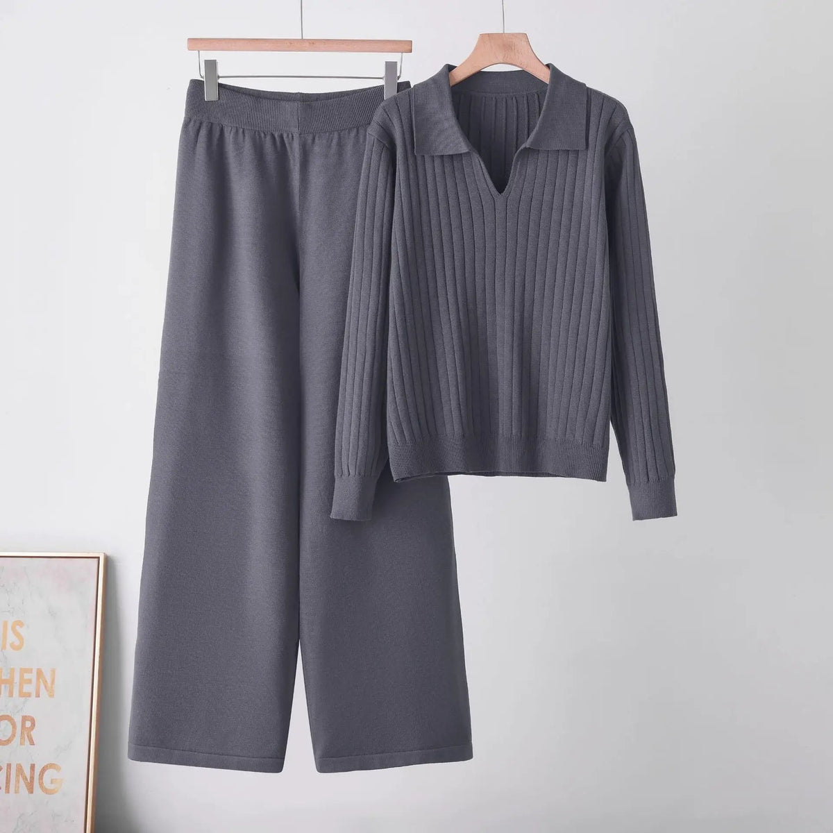 Matching polo neck sweater set for women, soft knit two-piece ensemble in charcoal gray by eprolo