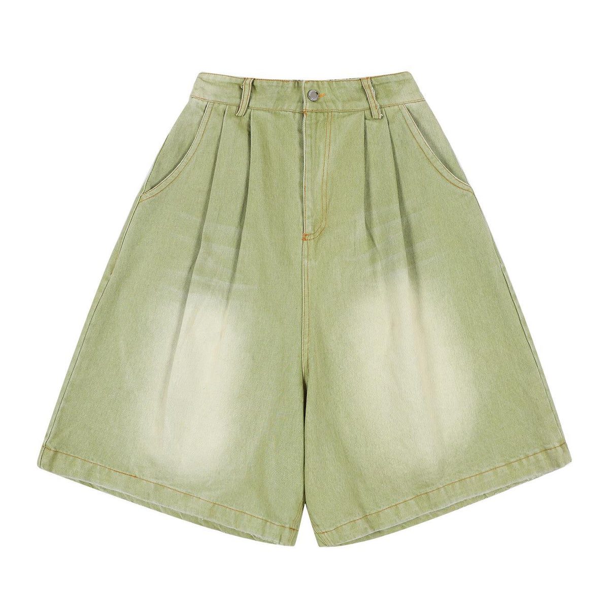 Wide-leg denim shorts in olive green with front pleats and belt loops