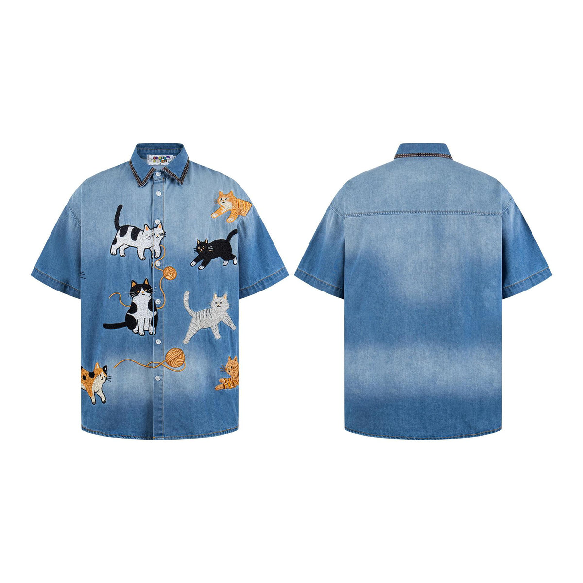 Cat embroidered denim short sleeved shirt