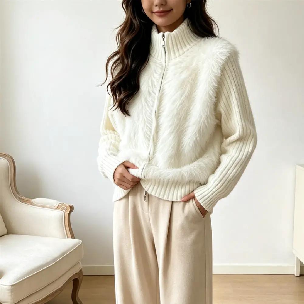Cardigan with double zipper stand collar, breezy silhouette, fluffy white knit by eprolo, long sleeves