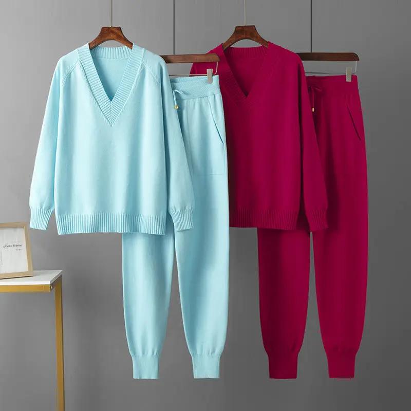 Classic V Neck Sweater And Pants Set Soft Breathable Knitwear Matching Outfit