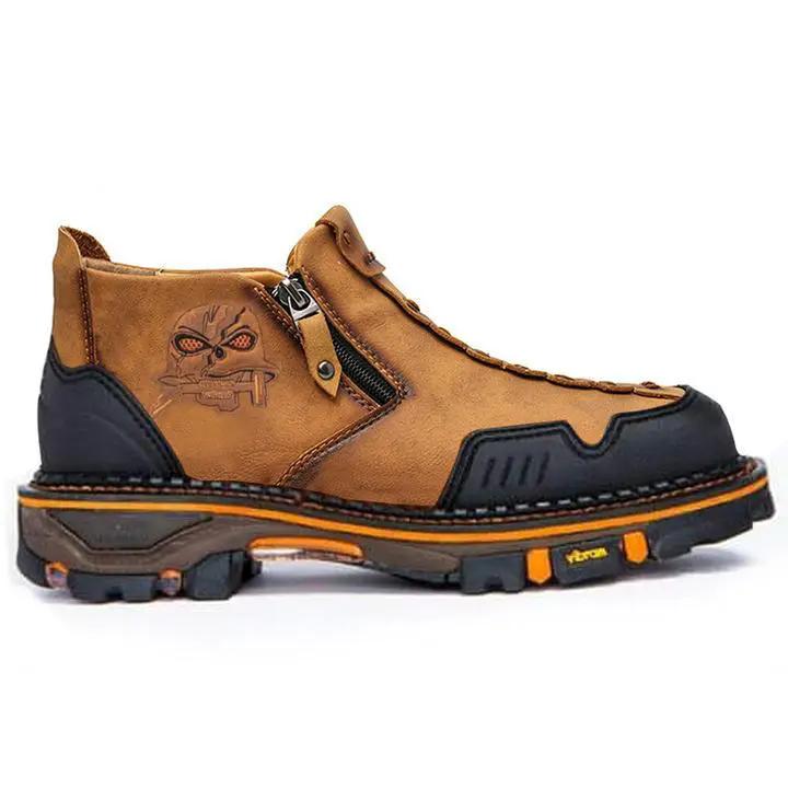 Luma Men's Skull Martin Boots by AdTec, tan leather with black toe cap and orange-stitched sole
