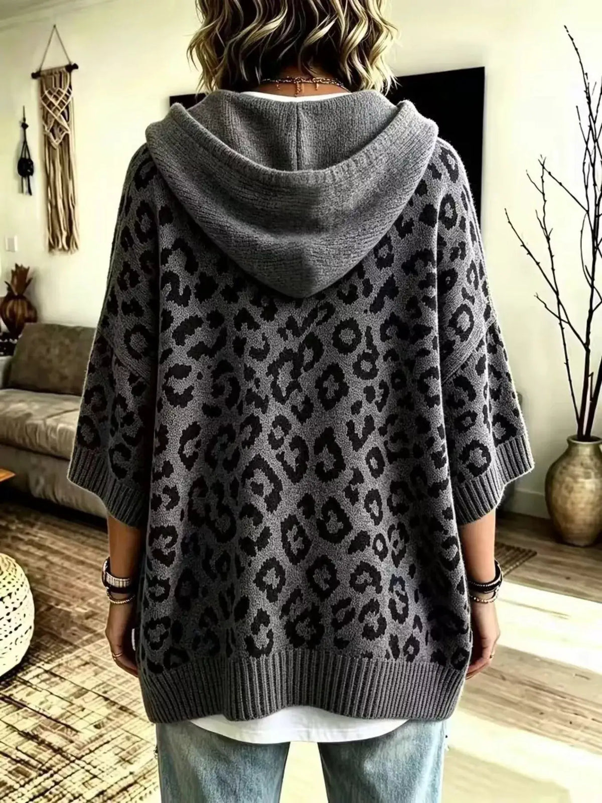 Drawstring Leopard Hooded Sweater; grey knit with black leopard print