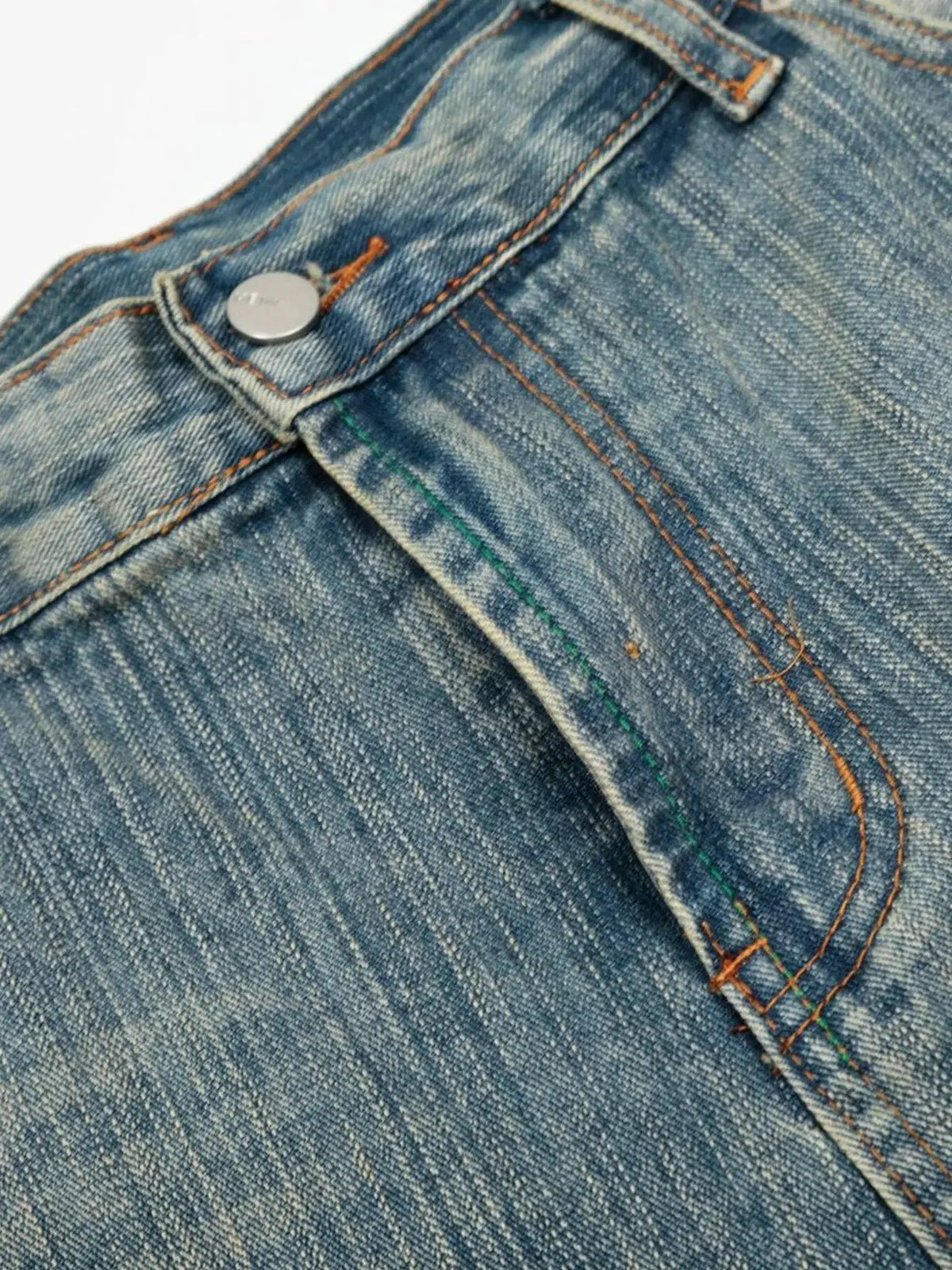 Mens washed wide-leg denim shorts with stretch; blue denim with orange stitching and metal button