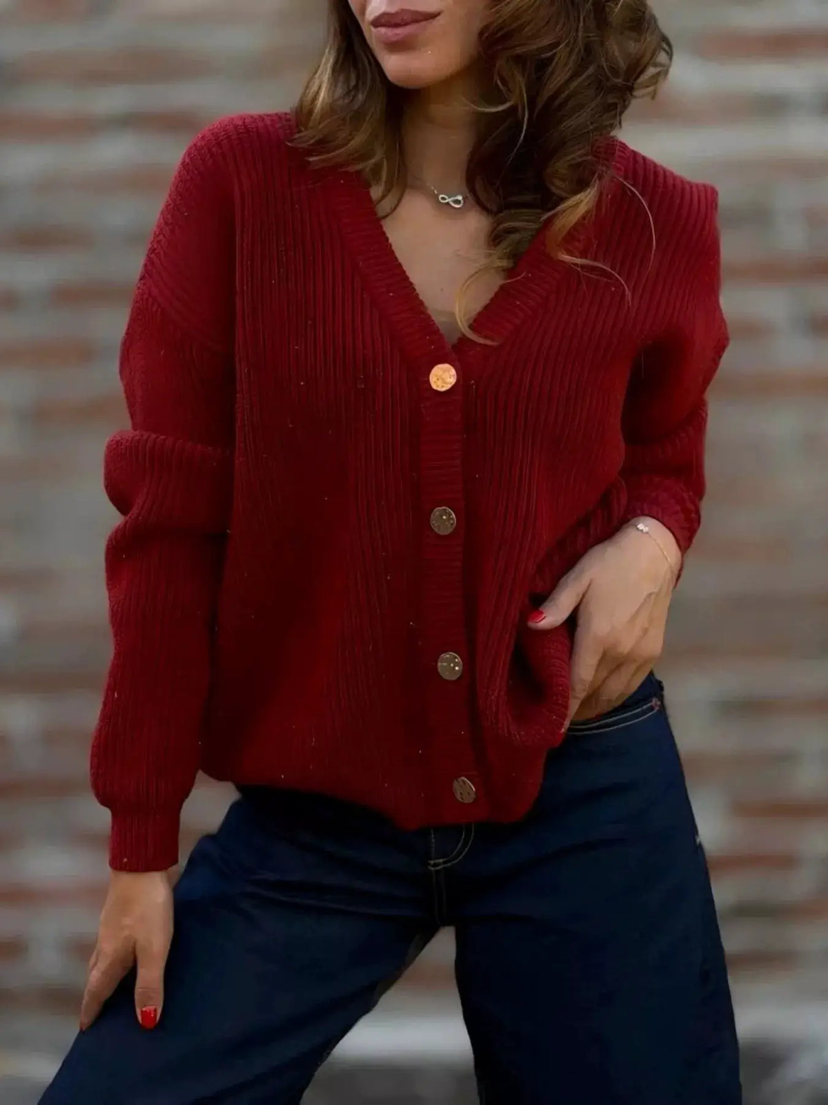 Plus Size V-neck Button-Up Knit Cardigan, red ribbed knit with gold buttons, slight stretch