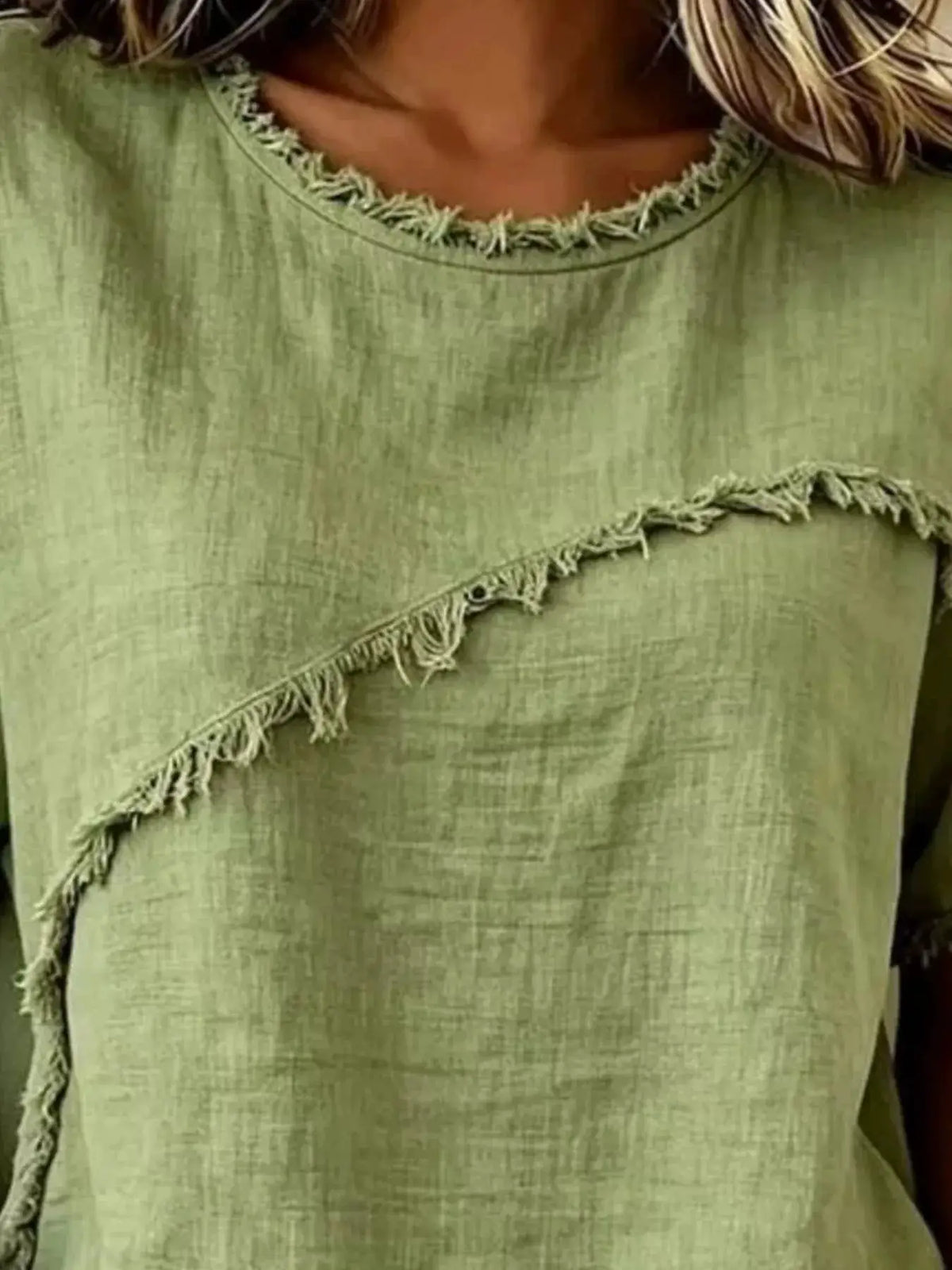 Full Size Frayed Hem Short Sleeve Top in green by Trendsi
