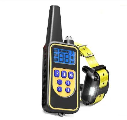 Remote Control Dog Training Collar by AdTec with yellow strap and black handheld remote