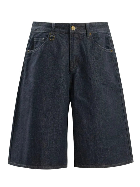 Men's loose-fit denim shorts in dark indigo cotton blend; front pockets and belt-loop details
