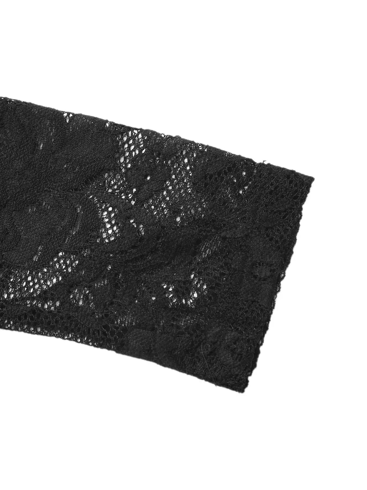 Lace Off Shoulder Mini Dress by Trendsi; black floral lace fabric close-up