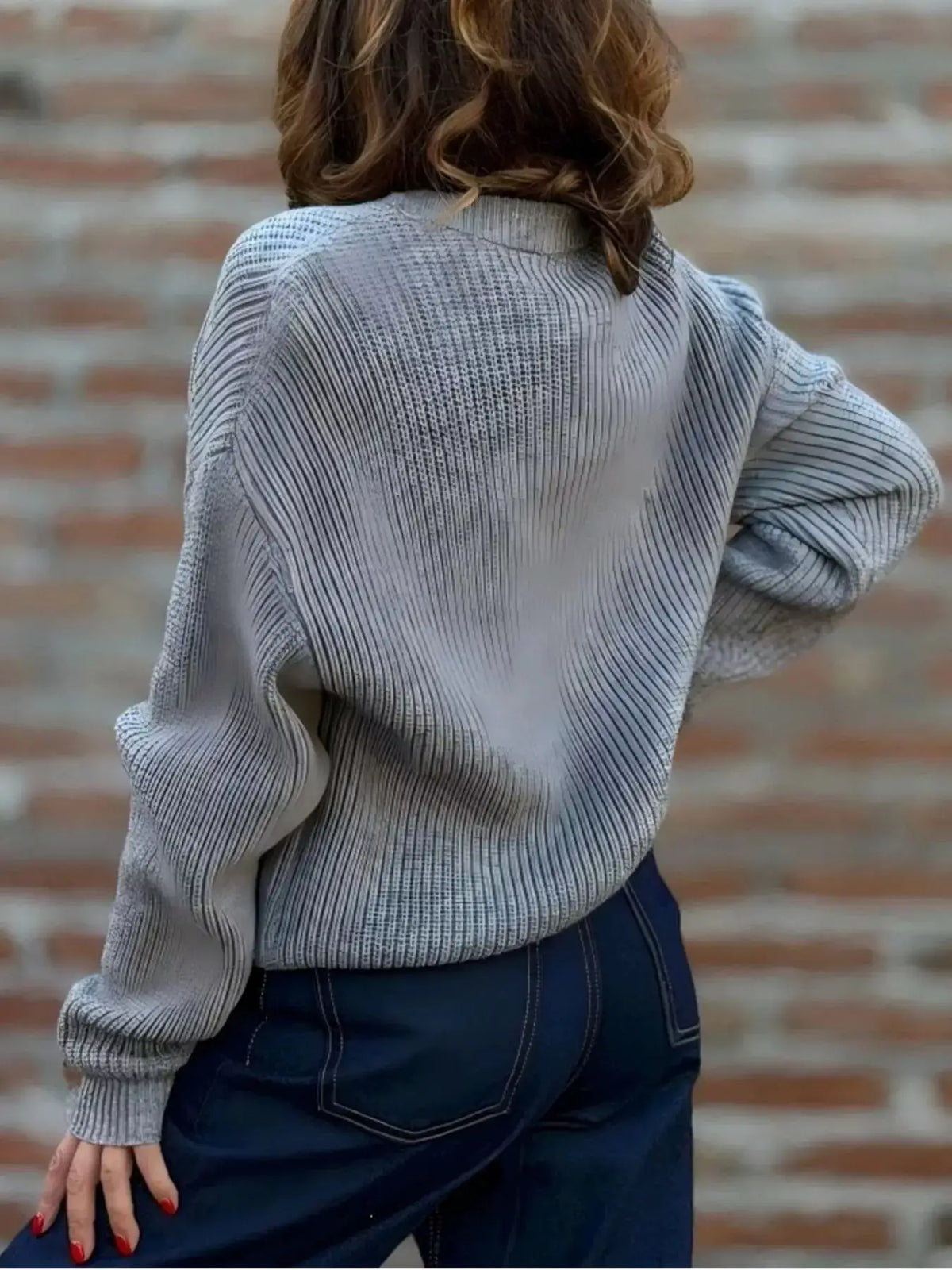 Plus size V-neck button-up knit cardigan in light gray with vertical rib stripes, slight stretch