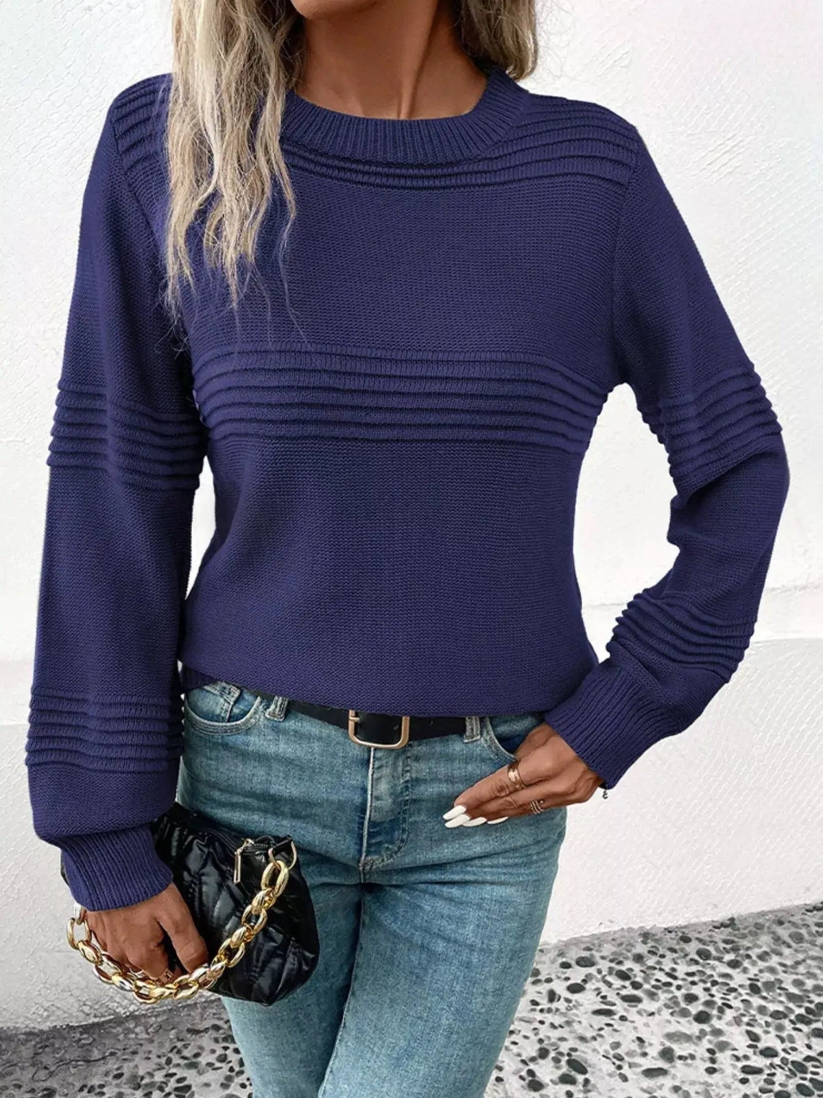 Cozy acrylic knit round-neck sweater with stretch in navy blue and ribbed chest and sleeve panels, Trendsi.