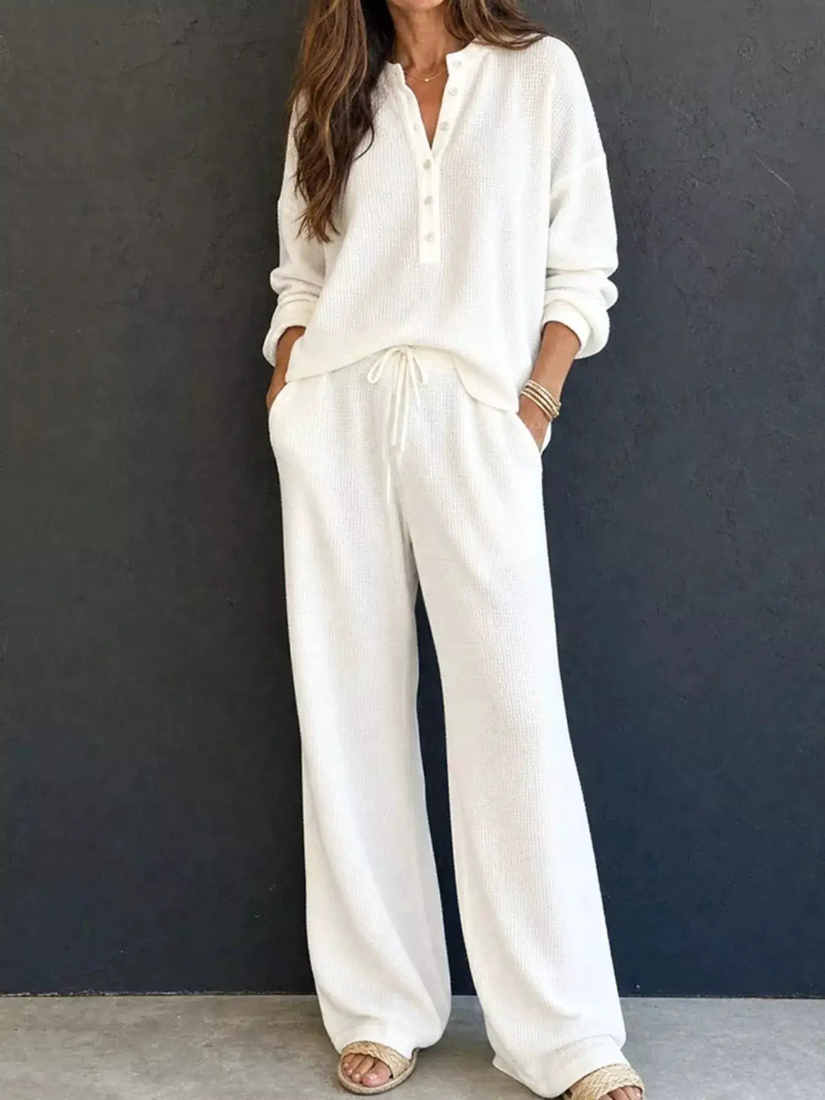 Waffle-knit Henley Top and Wide-Leg Pants Set in cream, relaxed-fit with drawstring waist