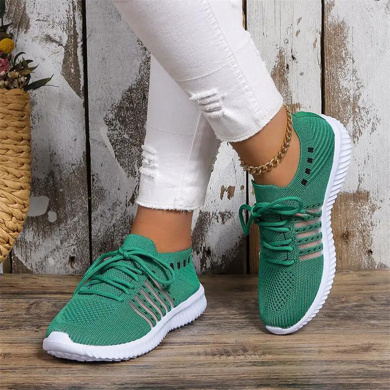 Casual lace-up mesh sneakers, green breathable walking shoes with white sole