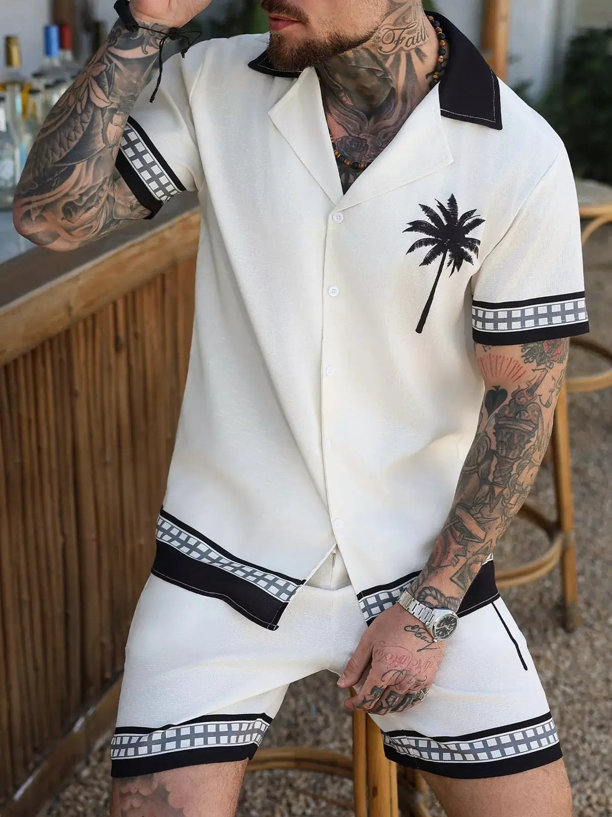 Men's tropical palm tree print short-sleeve shirt and matching shorts 2-piece set in cream with black accents