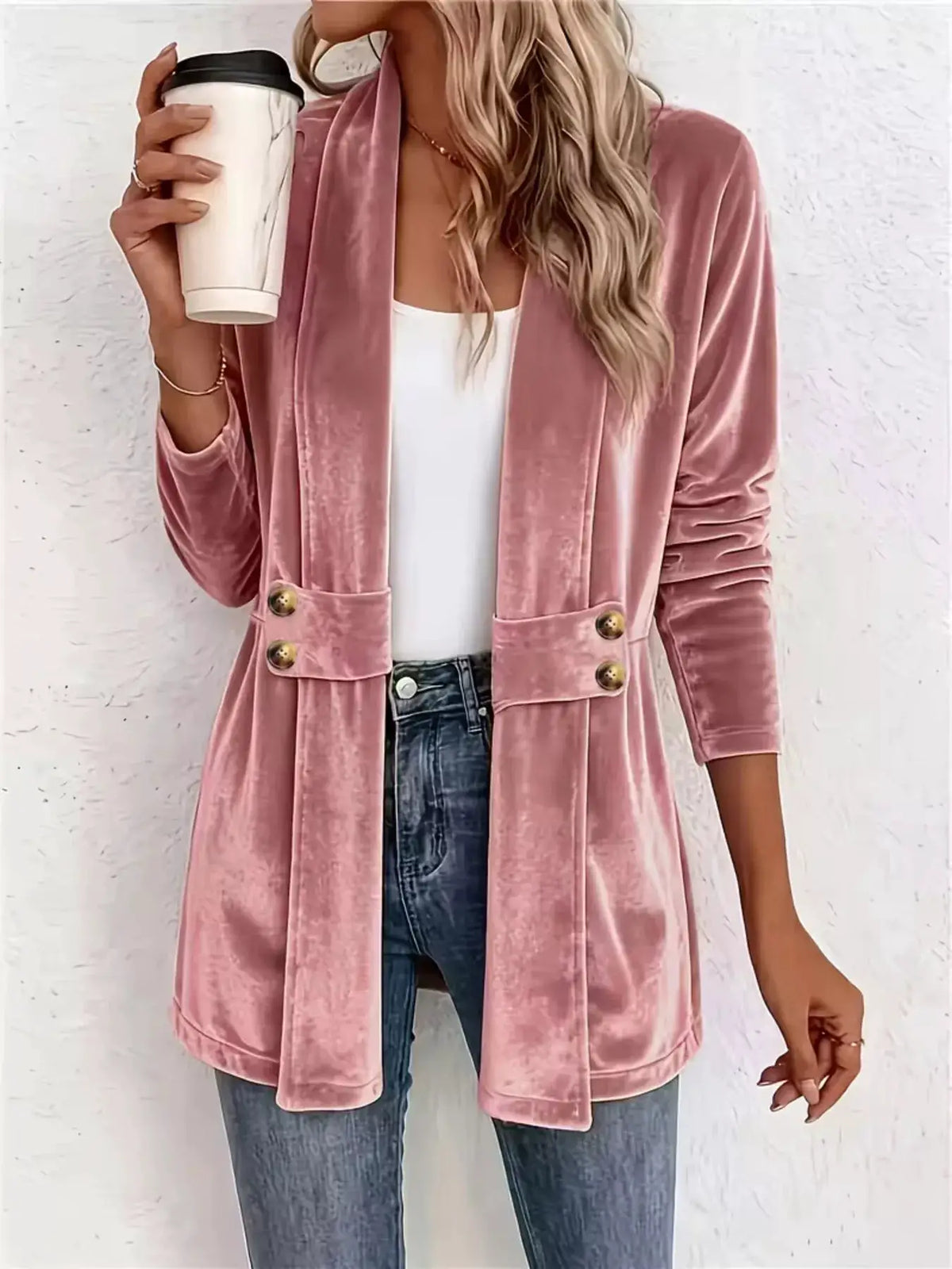 Elegant velvet open-front outerwear in pink by Trendsi with gold-tone buttons