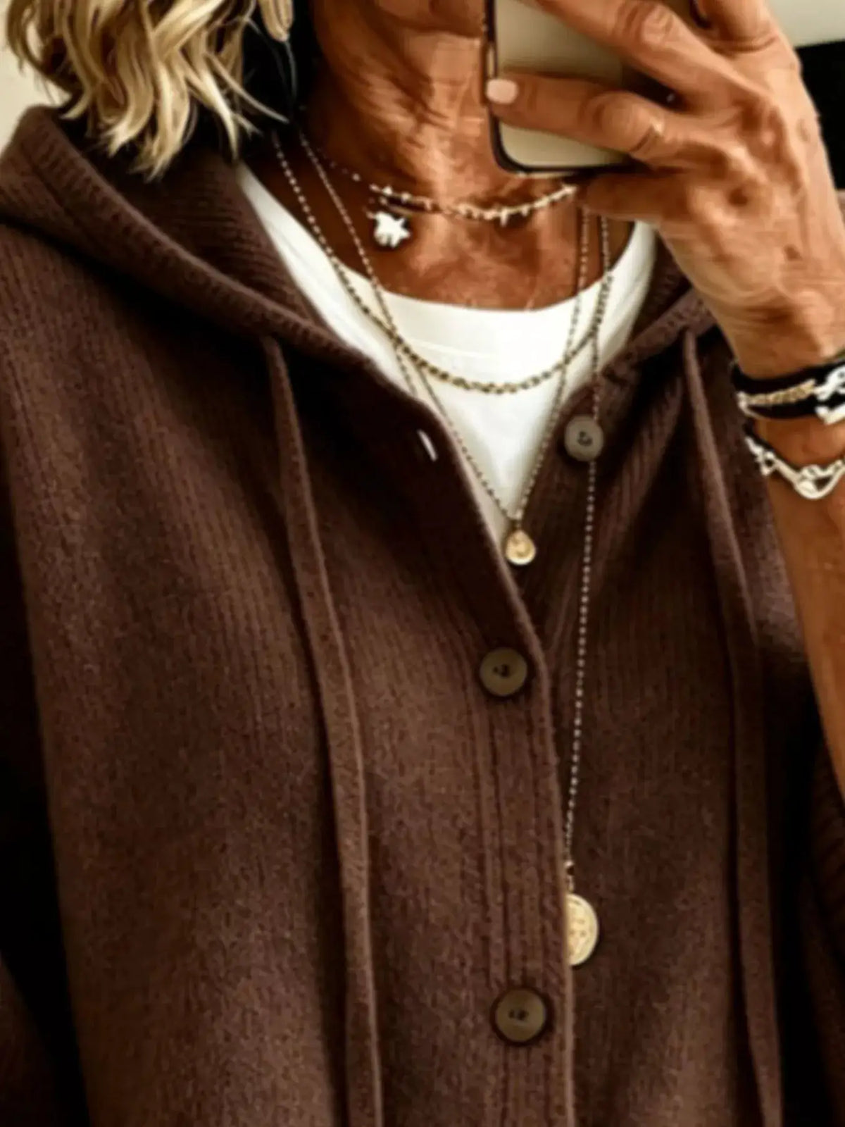Full Size Casual Hooded Button-Down Knit Cardigan in brown with front buttons