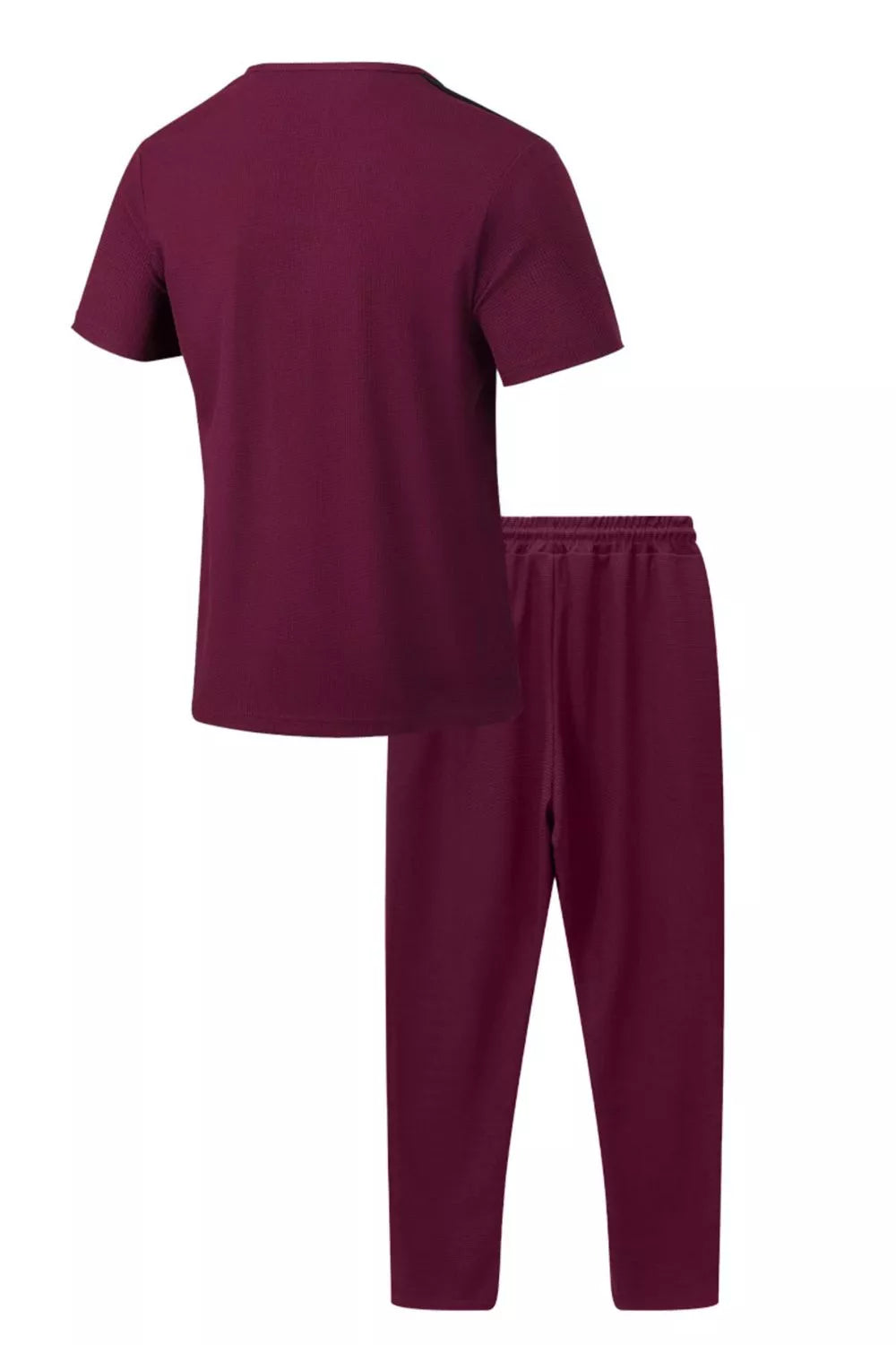 Men's burgundy plus-size two-piece casual set: short-sleeve top and elastic-waist pants.