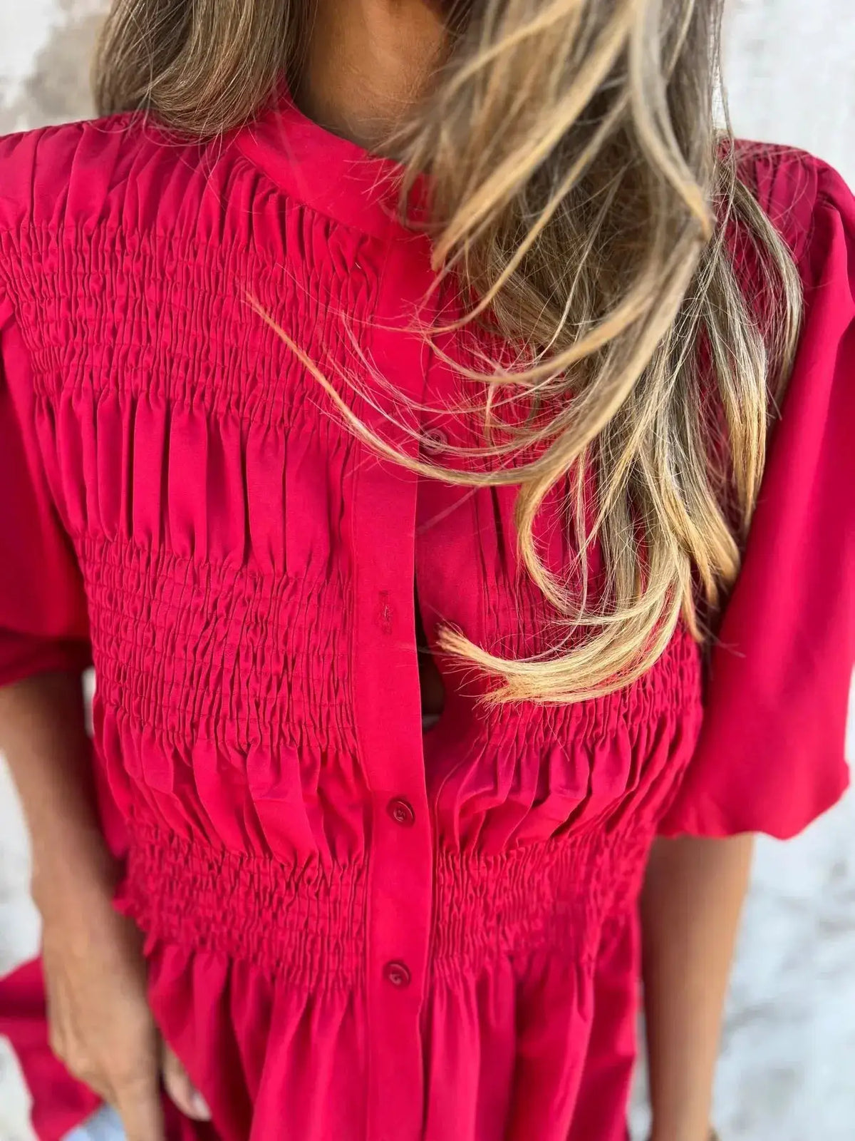 Full Size Smocked Puff Sleeve Blouse Plus Size in red