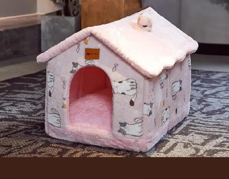 Foldable pink plush dog house bed with enclosed cave and AdTec tag