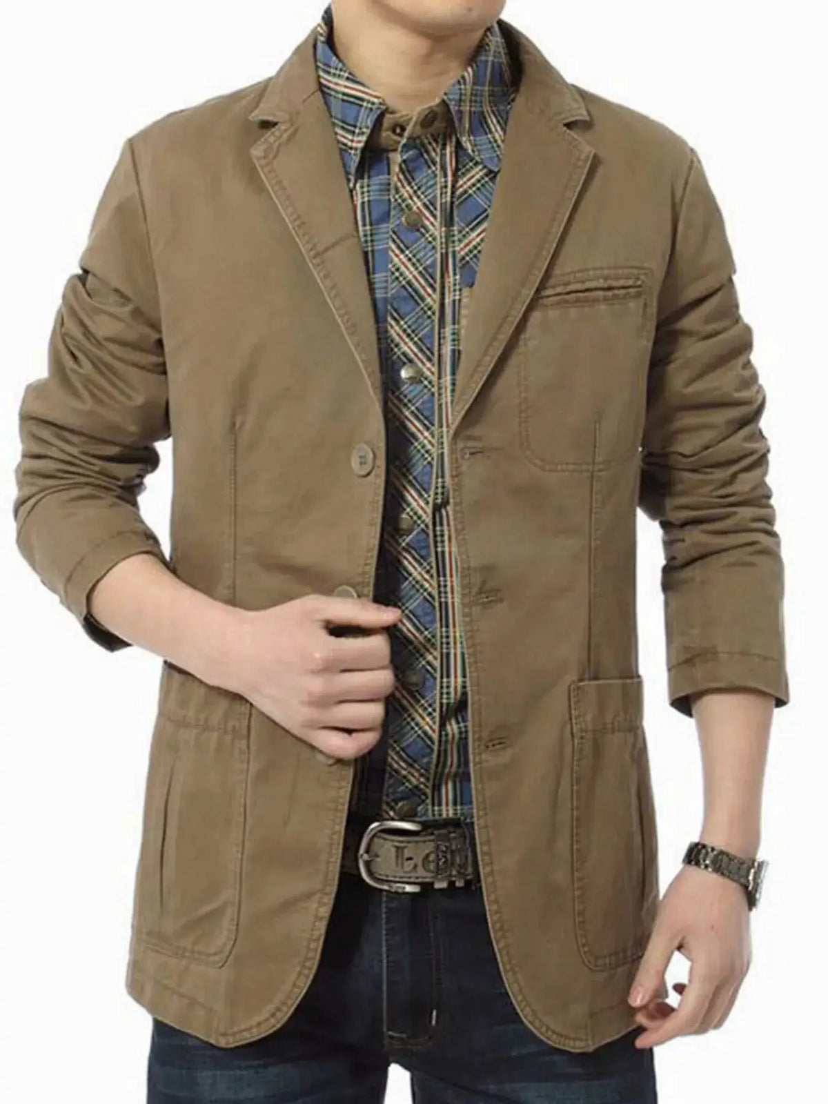Men's Plus Size Lapel Collar Button Up Blazer by Trendsi in tan with front pockets