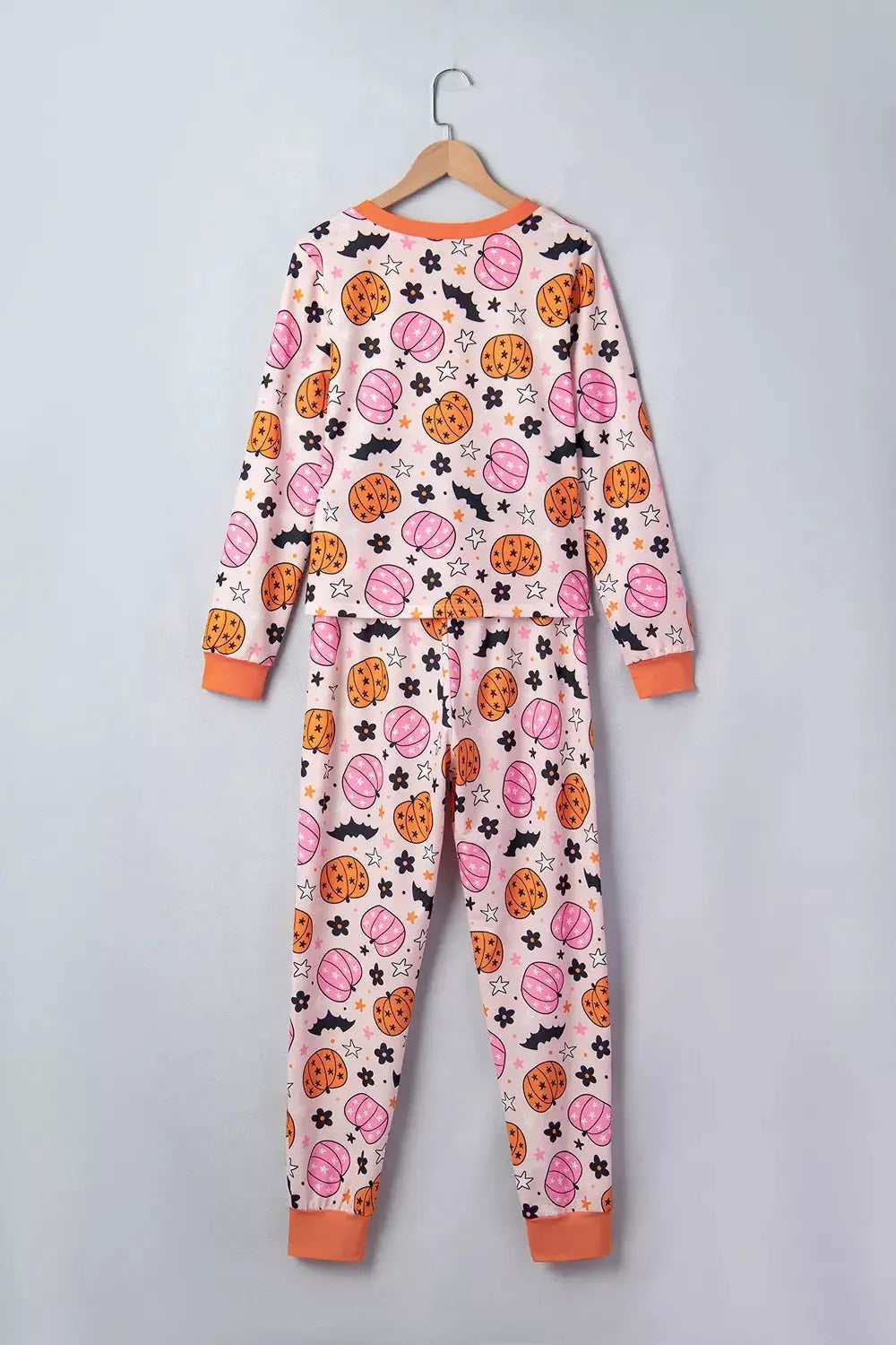 Halloween pumpkin-print long-sleeve lounge set, 2-piece, pink with orange cuffs and matching pants
