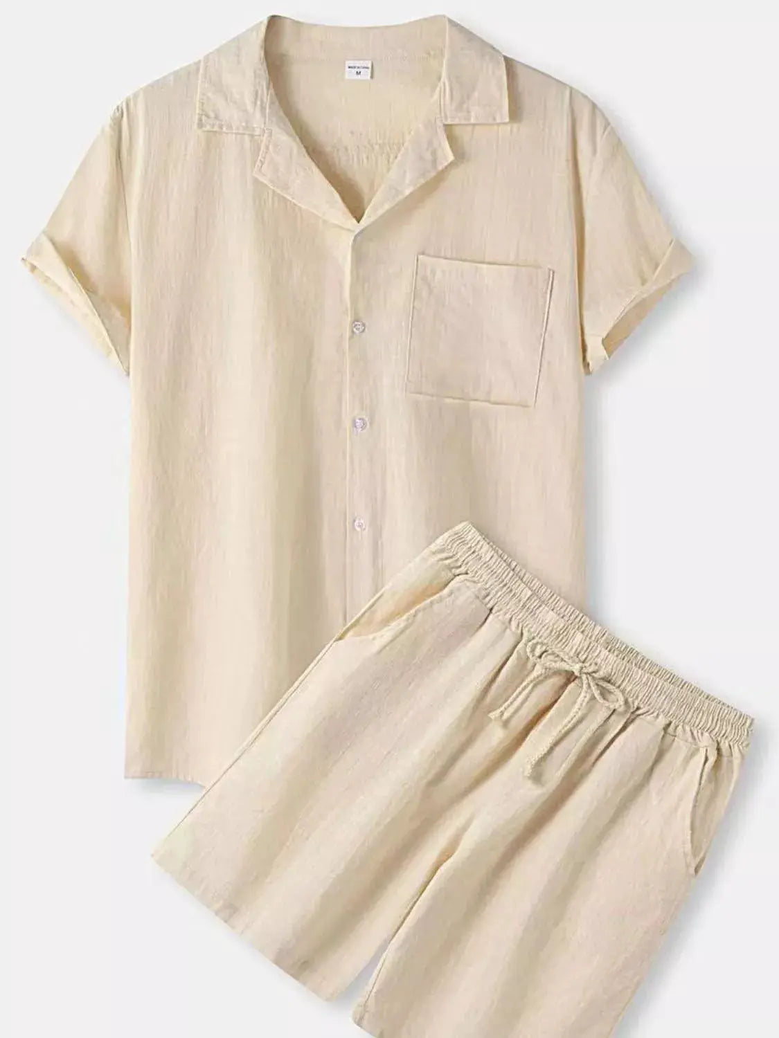 Beige men's 2-piece 100% cotton button-up short-sleeve shirt and drawstring shorts set with chest pocket